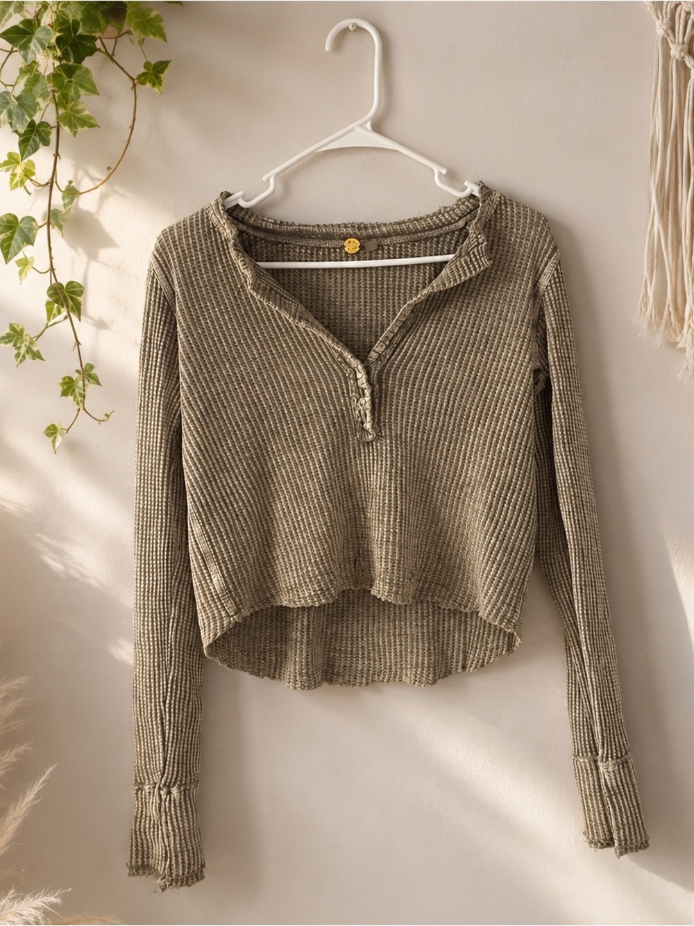 Free People Gray Waffle Knit Henley Long-Sleeve Top